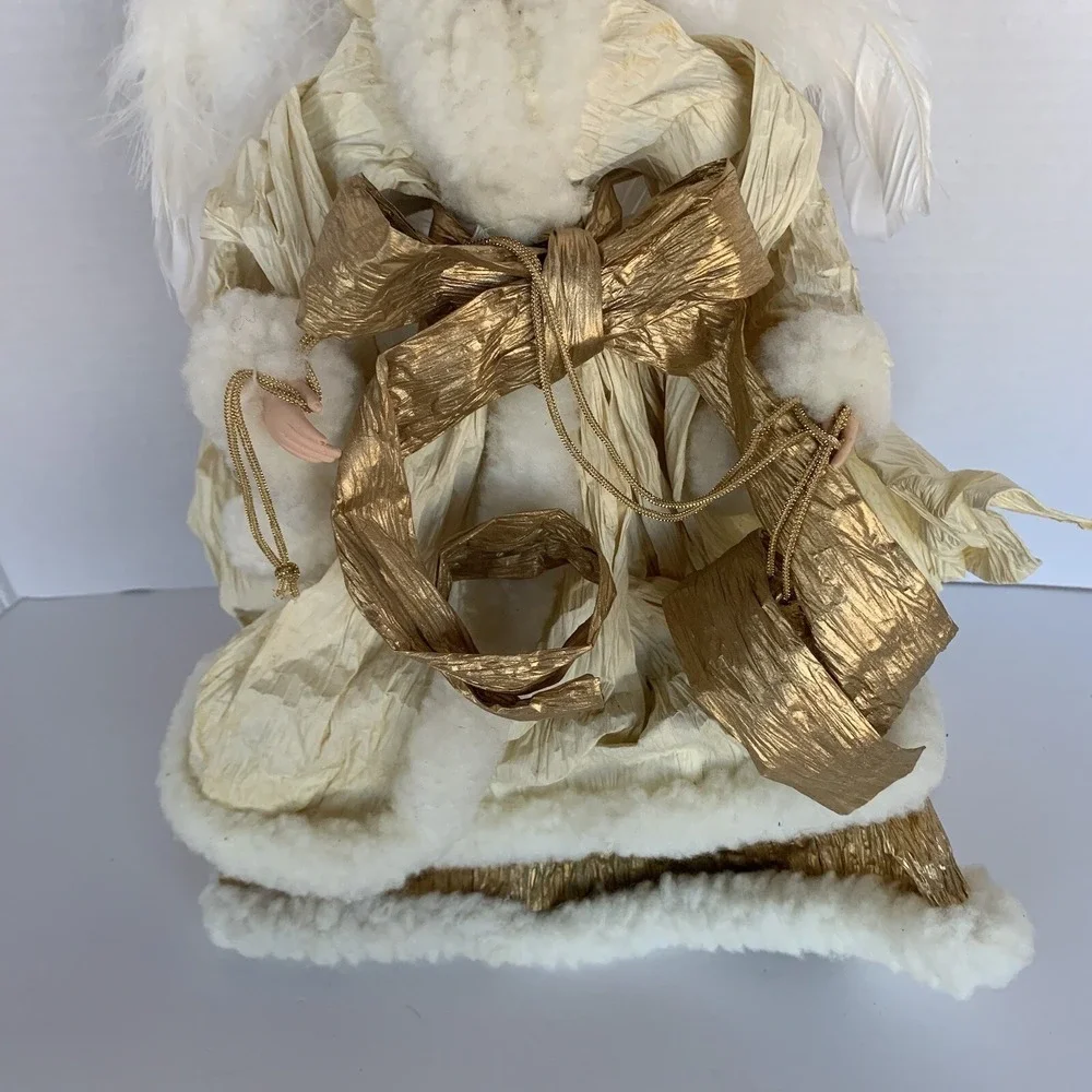 Vtg Paper Mache Fabric Faux Fur Angel Tree Topper Table Decor Cream Gold 16